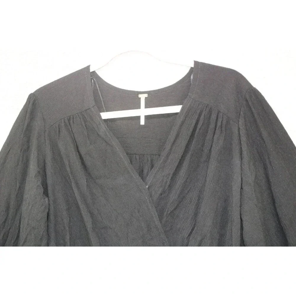 Free People Black Long Puff Sleeve Wrap Top-Small/Petite-Oversized